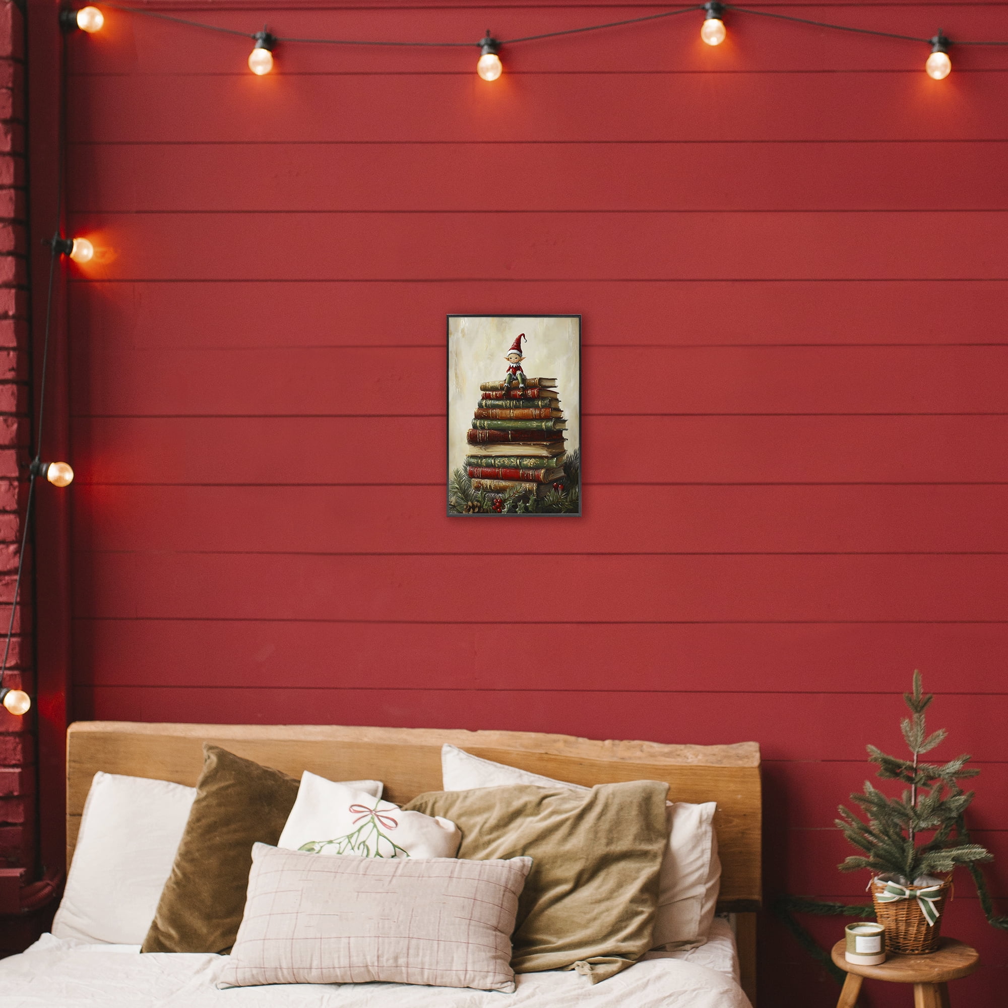 Christmas Elf Bookstack Black Framed Giclee Art, design by Petal Prints Design