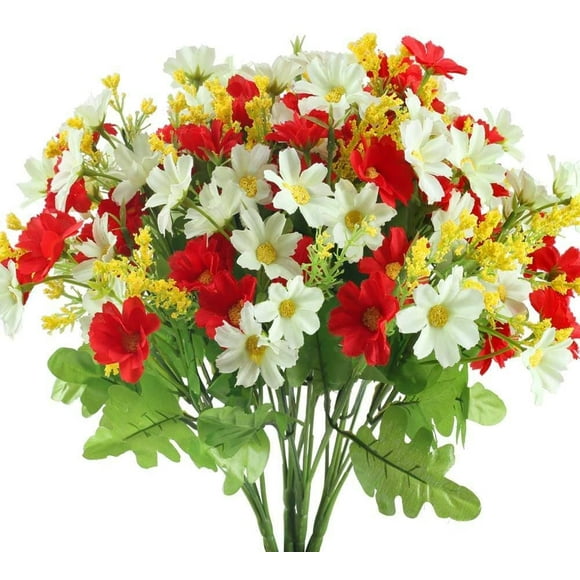 4 Bouquet de Bouquet de Fleurs Artificielles 28 Têtes, Mignon Faux Marguerite Fleur pour Usage Extérieur Mariage Maison Jardin Décor (Rouge)