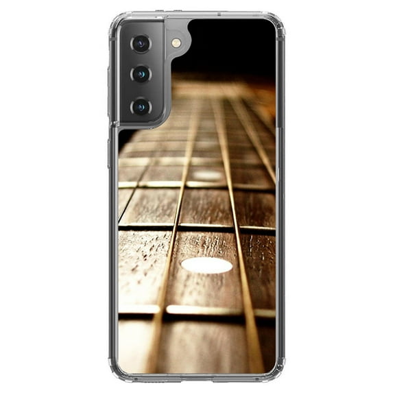 DistinctInk Clear Shockproof Hybrid Case for Galaxy S21  PLUS 5G (6.7" Screen) - TPU Bumper, Acrylic Back, Tempered Glass Screen Protector - Guitar Strings Neck