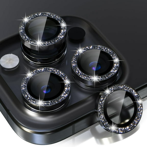 Dteck Compatible for iPhone 16 Camera Lens Protector,Bling Glitter 9H Tempered Glass Camera Cover Screen Protector Metal Ring HD Clear Case Friendly,Black