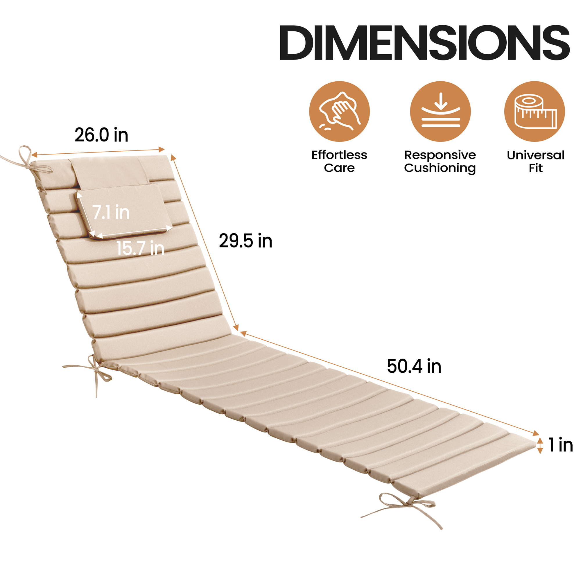 Pellebant Outdoor Set of 2 Chaise Lounge Cushions with Headrest for Patio Furniture,80"L x 26"W x 1"T Beige