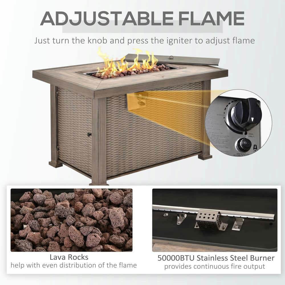 Yardi Yarda 42" Wicker-Effect Gas Fire Table, 30,000 BTU Propane Fire Pit Table with Lava Rocks and Rain Cover, Auto-Ignition Rectangular Firepit with Lid and Ceramic Tabletop for Outdoor, Gray