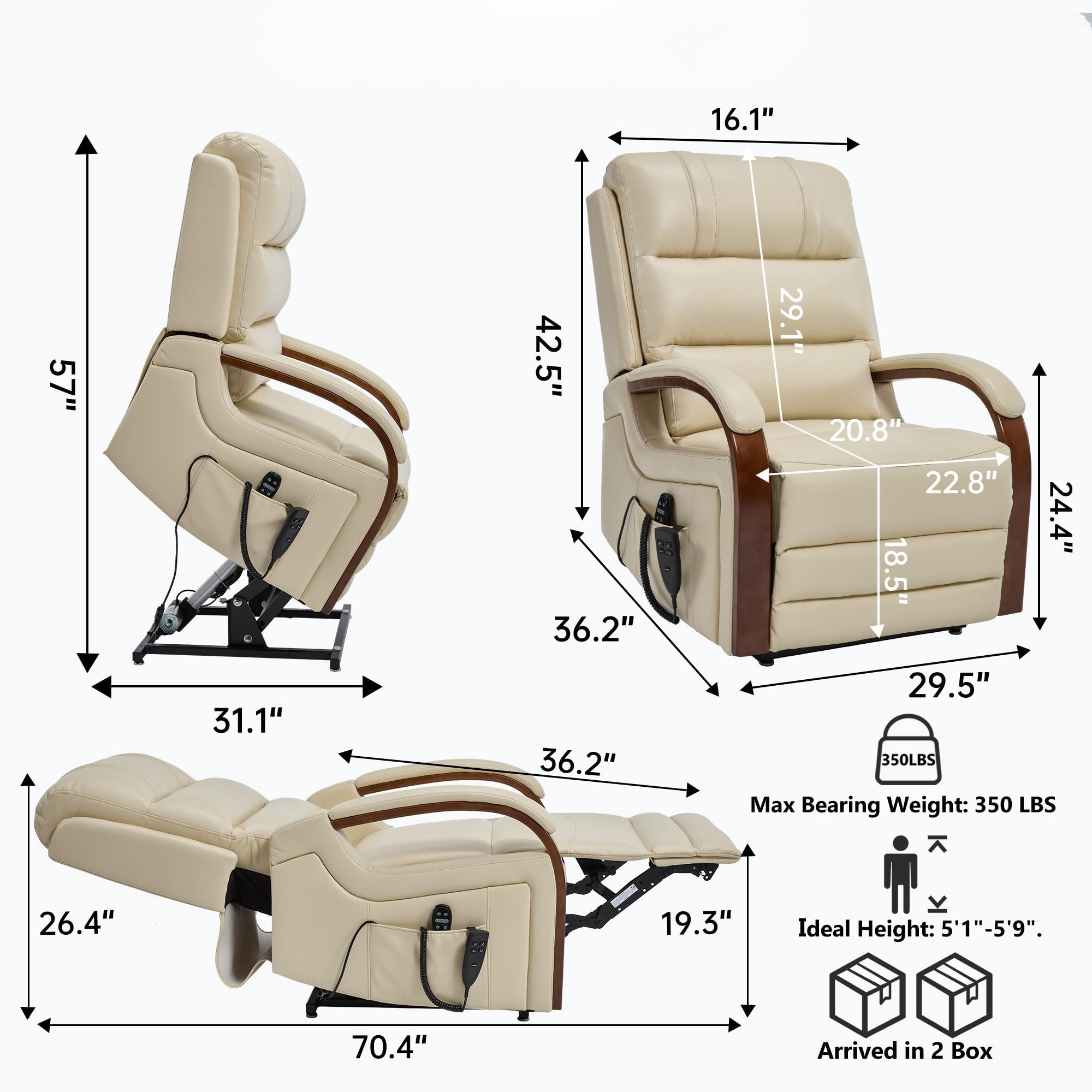 Gewnee Power Lift Recliner Chair with Heat and Massage,Lay Flat Assist Recliner with Side Pocket & Solid Wood Armrest,Lift Chair for Living Room.Beige PU
