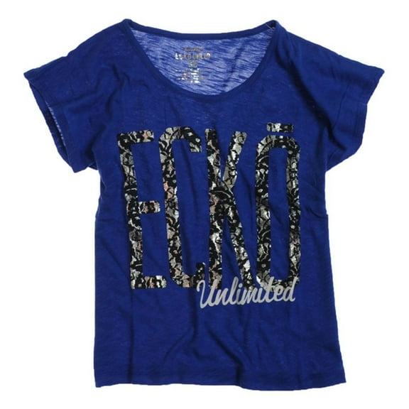 Ecko Unltd. Womens Lace Open Neck Graphic T-Shirt, Blue, Small