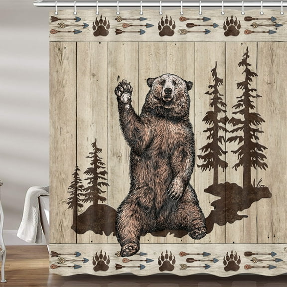 Rustic Bear Shower Curtain, Funny Country Cabin Forest Animals Print Fabric Shower Curtains Set for Bathroom, Dark Brown Woodland Restroom Decor Accessories with Hooks 72X 72 Inch
