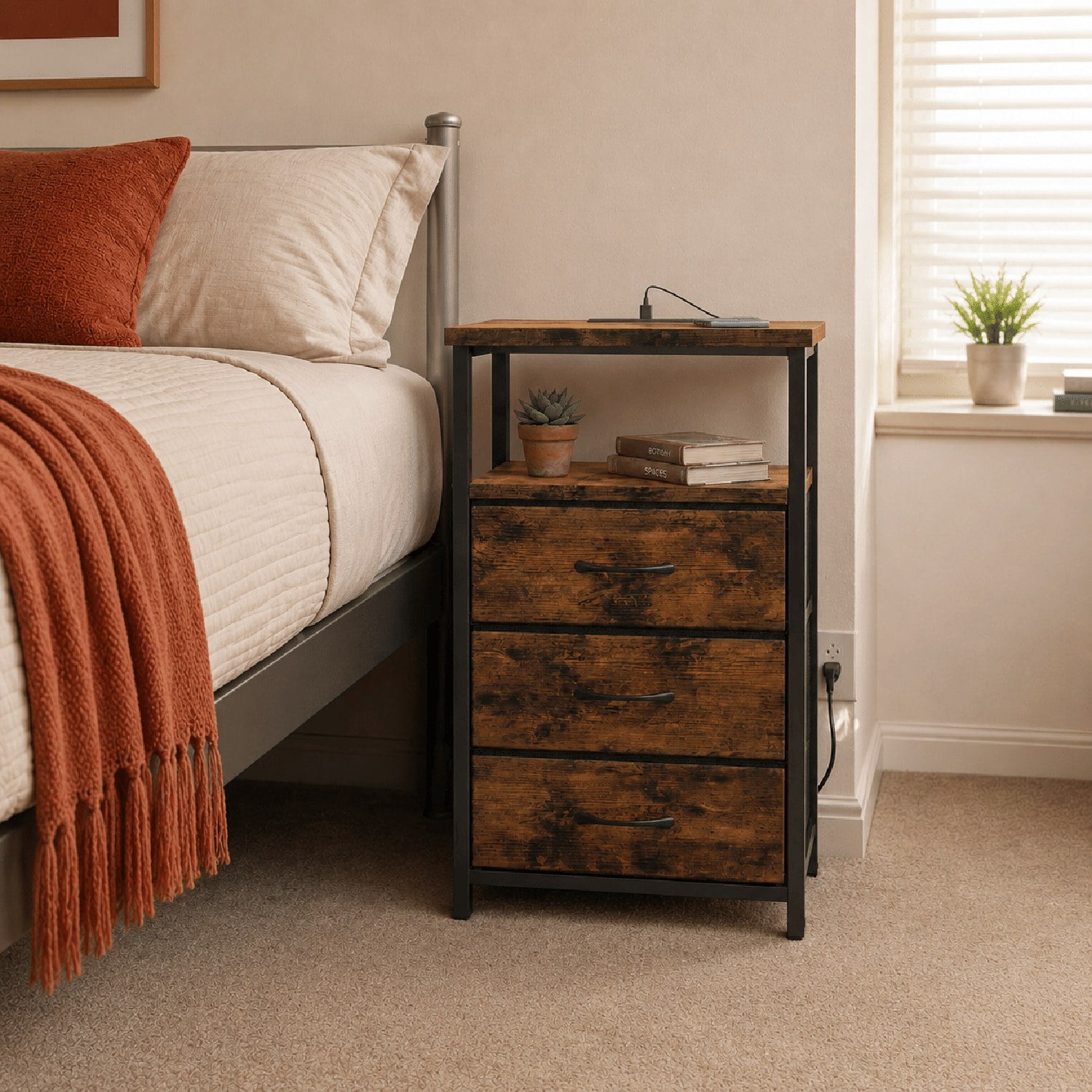 Nightstand with Charging Station and 3 Fabric Drawers, End Table with 2 AC Outlets and 2 USB Ports, Open Shelf, MDF and Metal Frame, Bedroom