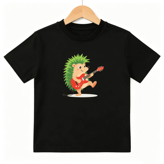 Cute Hedgehog Playing Red Guitar Boys Graphic Tee, Music 100% Cotton Kids Short Sleeve T-Shirt 4-13Y
