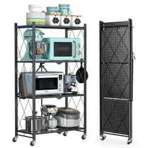LISUEYNE 4-Tier Storage Shelving Unit, Metal Shelf, Foldable Storage Shelf with Wheels, 27.9"x13.4"x49.72" Garage Shelf, Kitchen Shelf with 4 Hooks, No Assemble Require