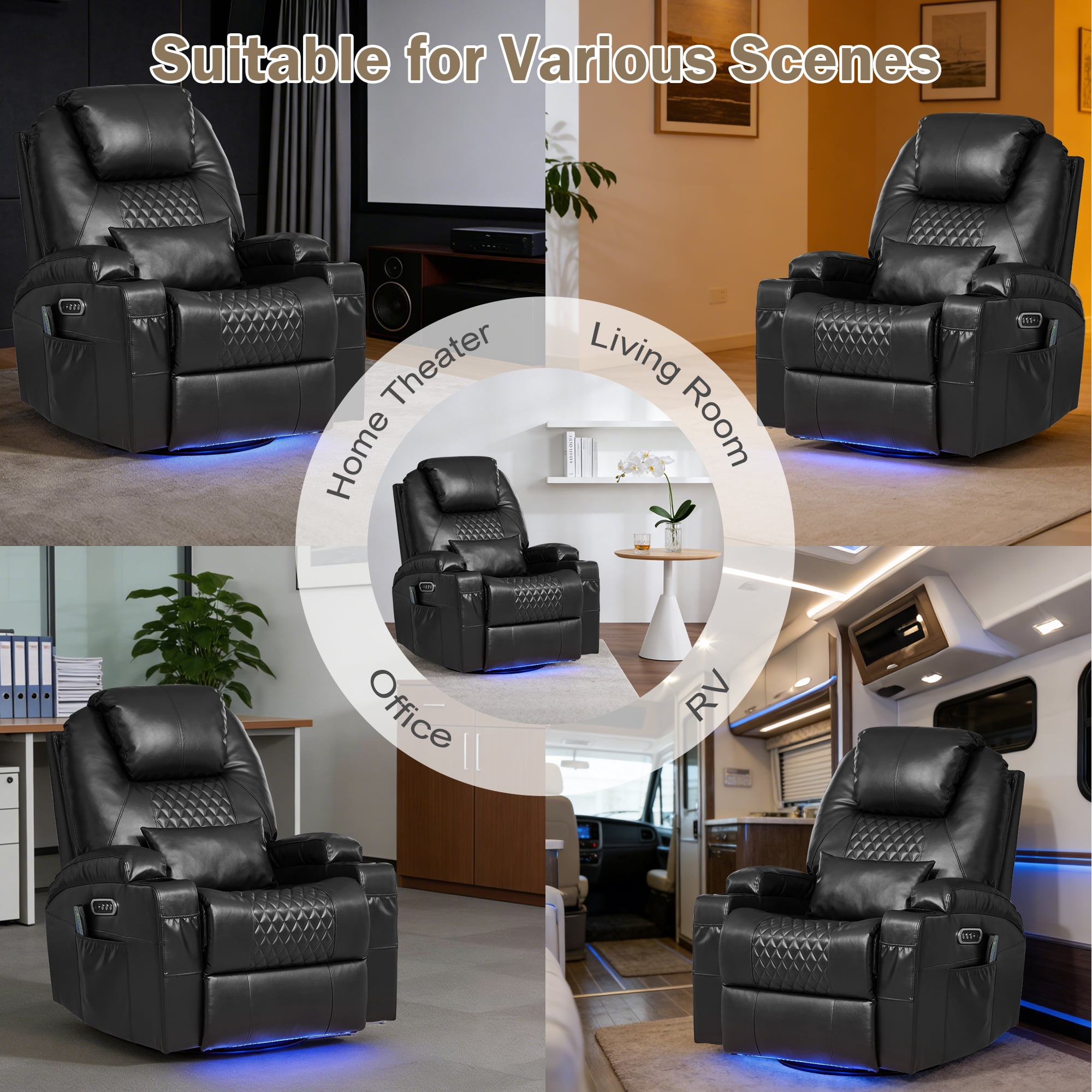 QJTC Power Rocker Recliner Chair with Heat and Massage, 240° Swivel Recliner Chair with Lumbar Pillow/Cup Holder/LED Lights/USB Ports, Black
