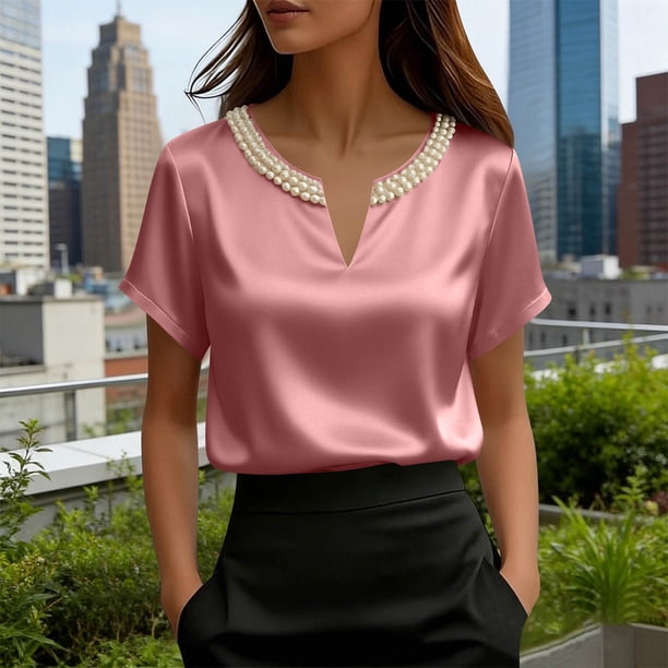 TaTaai Women's Loose Fit Summer Top Short Sleeve V-Neck Solid Color Pearl Accent Professional Office Casual Blouse Gift