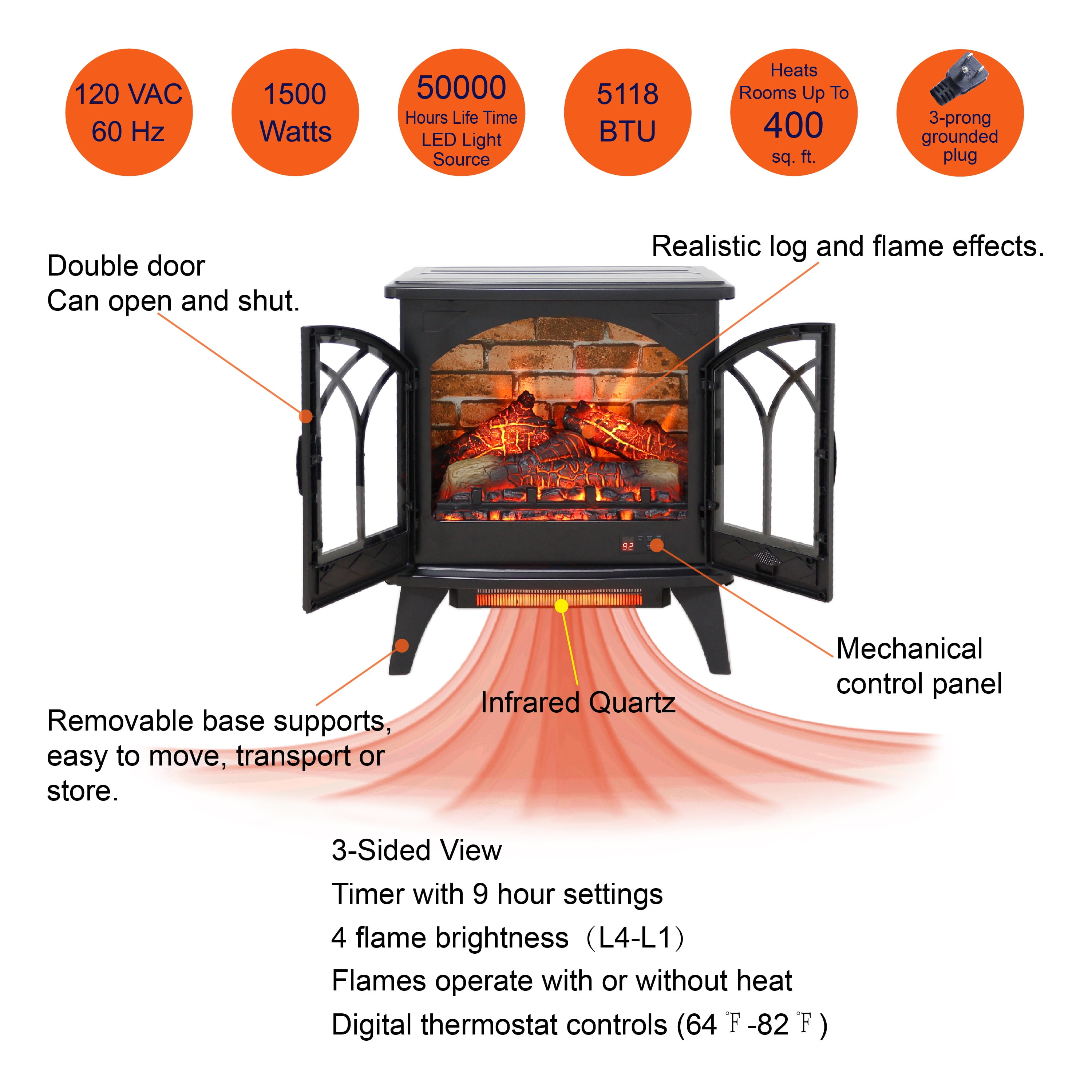 24'' Freestanding Electric Fireplace Heater Stove, Legahome Portable Infrared Fireplace Heater with Remote Control, 3D Realistic Flame, Adjustable Brightness, Temp Control and Timer, Brick Background