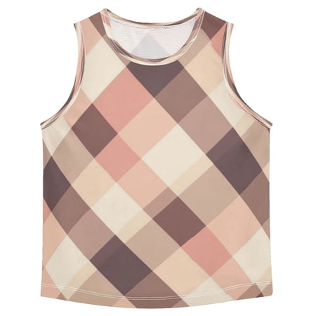 Boys Athletic Quick Dry Tank Tops Boys Sleeveless T-Shirts Kids Running Vest Pink and Dark Beige Plaid small