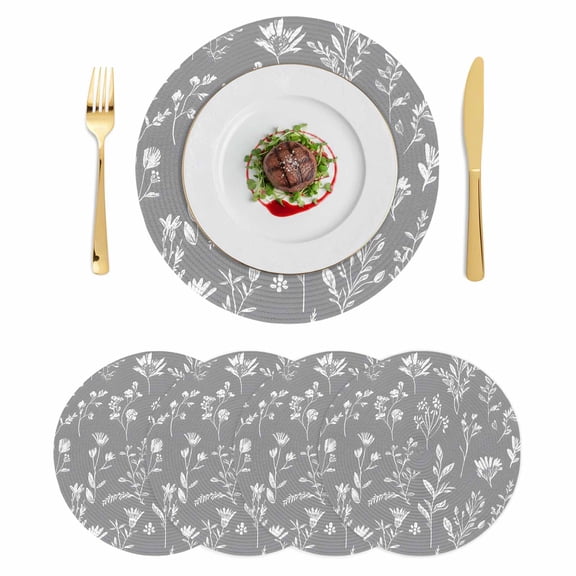 White Grey Spring Floral Round 13 Inch Placemats Set of 4, Summer Flowers Botanical HeatResistant Non Slip Place Mats for Dining Table, Wipeable Braided Kitchen Table Mats for Housewarming