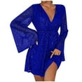 thumbnail image 2 of UPPADA Womens Cocktail Dress with Sequin Party Dress Deep V Neck Long Sleeve Gown Dress Flowy Hem Wrap A-Line Dress Alin, 2 of 7