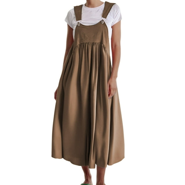 YFELWZ Combinaisons Grande Taille pour Femmes Printemps Été Robe Décontractée en Lin à Bretelles Café XXXXXL