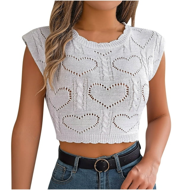 AherBiu Crop Tops pour Femmes Été Tricoté Crochet Couleur Unie Col Rond Manches Courtes Coupe Ample Pulls Tees