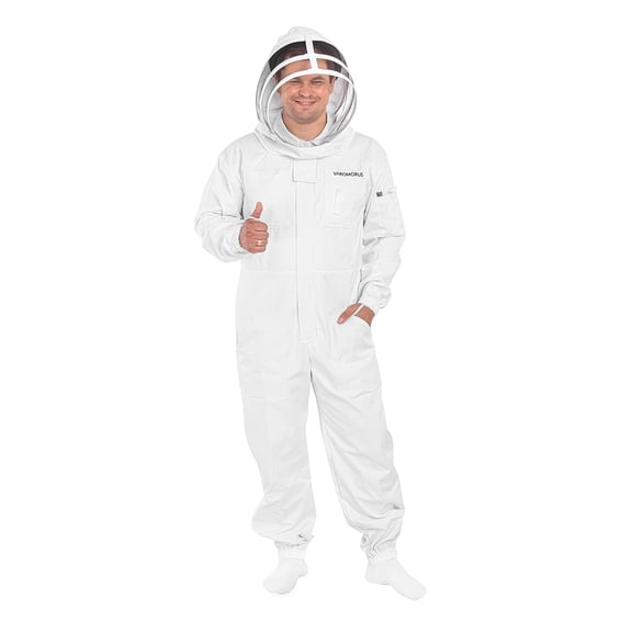 Varomorus Professional Beekeeping Suit with Detachable Fencing Veil Hood, 100% Heavy Organic Cotton Coverall, 2-Way Zipper, 9 Pockets, White, L