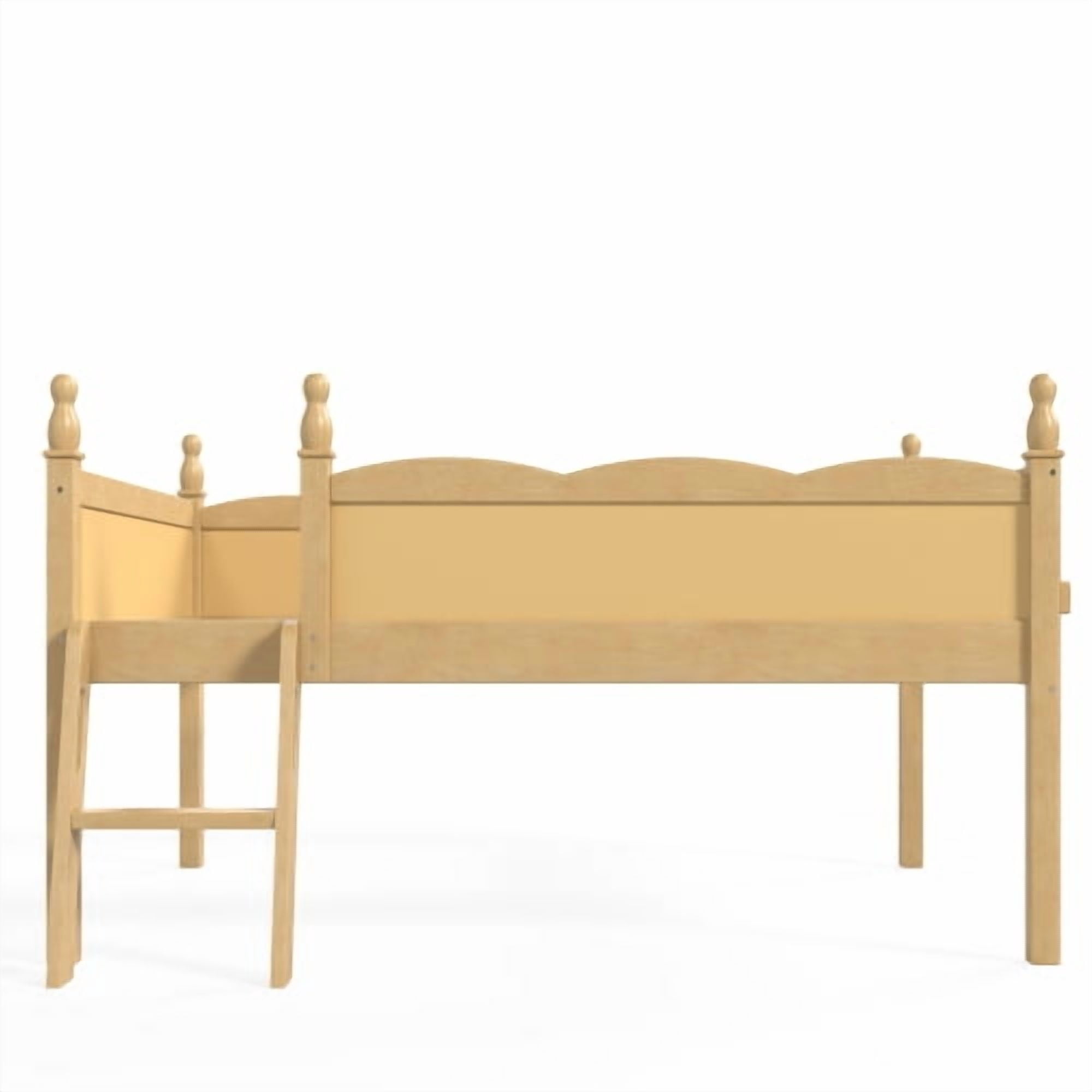 Full Size Solid Wood Low Loft Bed with Full-Length Guardrails, Ladder and Side Bookshelf, Natural