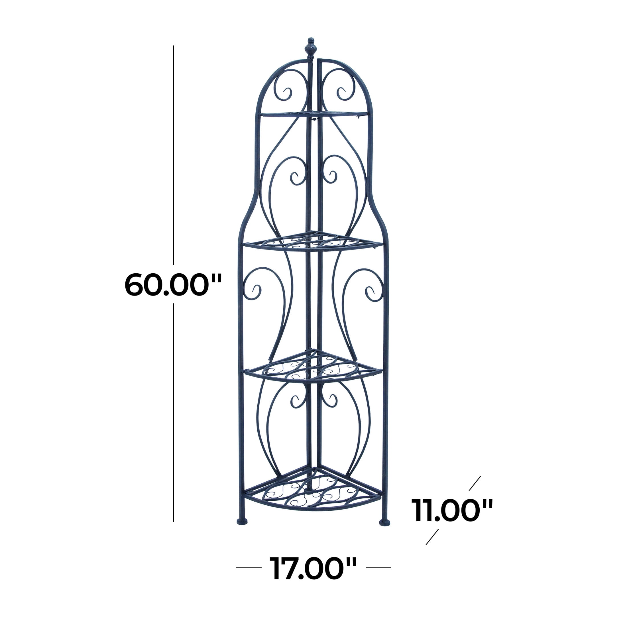 DecMode 17" x 60" Black Metal Scroll Indoor Outdoor Arched Tall Folding Corner 4 Shelf Bakers Rack, 1-Piece