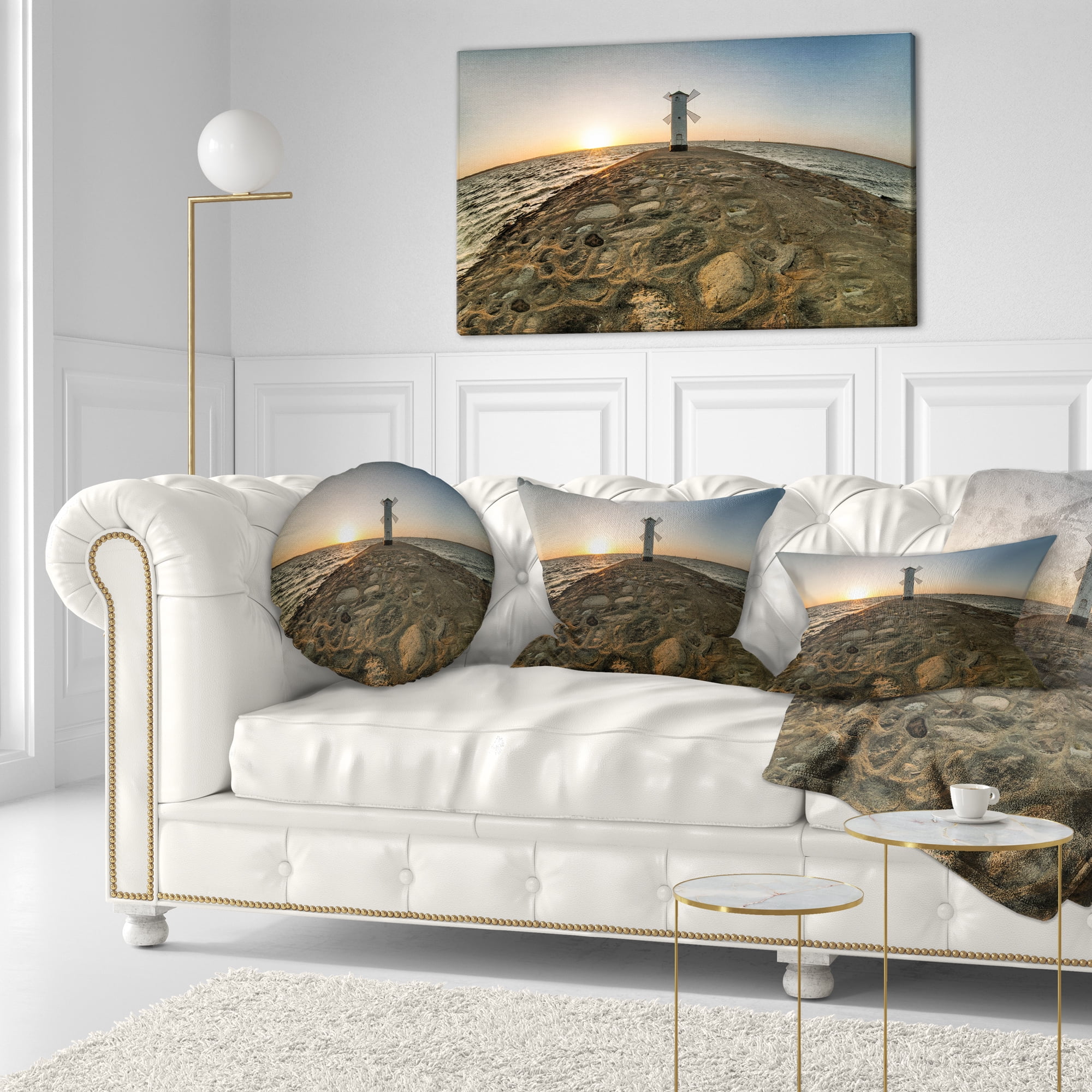 Designart Lighthouse Windmill Stawa Mlyny - Seascape Throw Pillow - 12x20