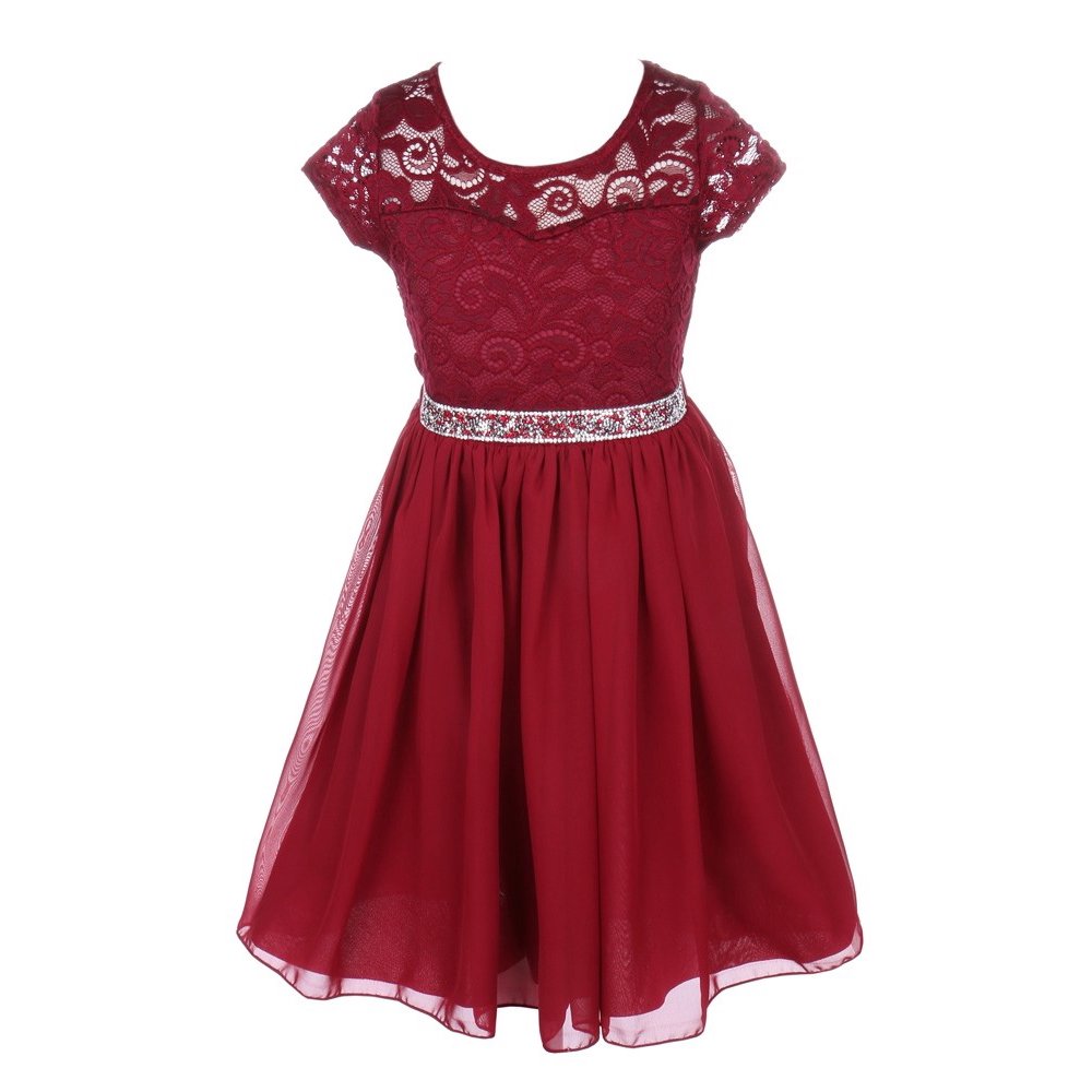 Just Kids Girls Burgundy Lace Stone Belt Chiffon Junior Bridesmaid