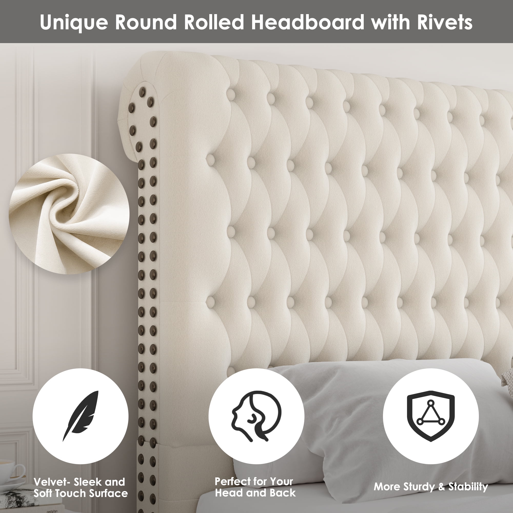 Homfa 54.7" Tall Headboard Bed Frame, King Size Storage Bed with Tall Headboard, Tall Upholstered Bed with Footboard and Drawers, off-white