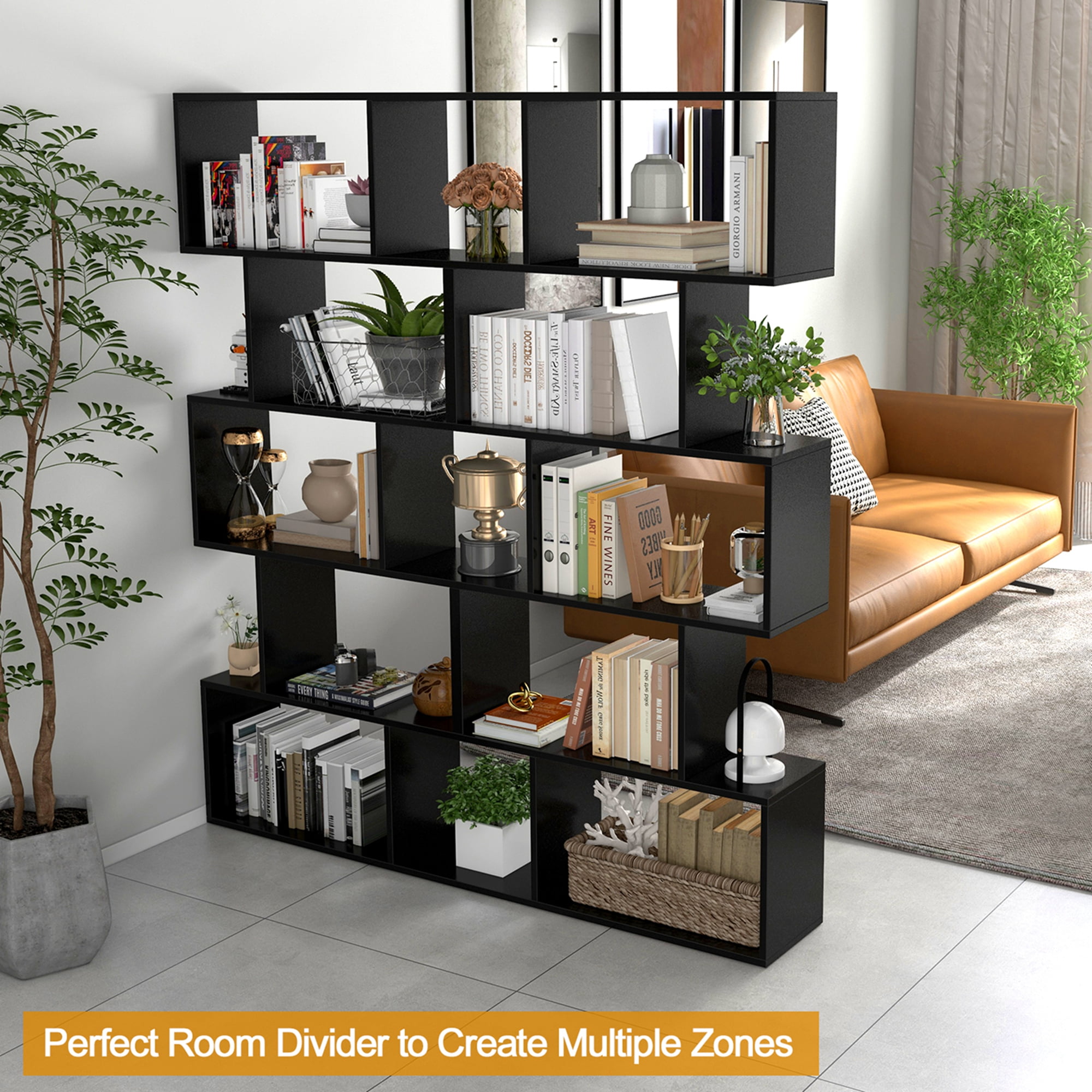 Costway 5-Tier Bookshelf Geometric S-Shaped Bookcase Room Divider Storage Display Shelf Black