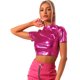 thumbnail image 1 of Disfraz de navidad Top corto metalizado de manga corta con cuello alto para mujer Rosa Caliente L, 1 of 6