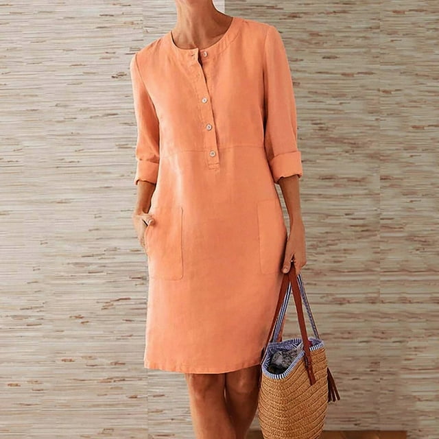 Baikeli Robes d'Été pour Femmes 2024 Robes Grande Taille pour Femmes Robes Décontractées Formelles Robes Midi Unies à Boutons Tenues Col Rond avec Poches Robes d'Été pour Femmes