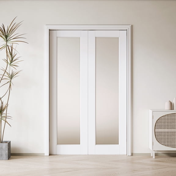 48" X 80" Frosted Glass 1-Lite Sliding Pocket Door White Standard Door with Hardware Kit Set