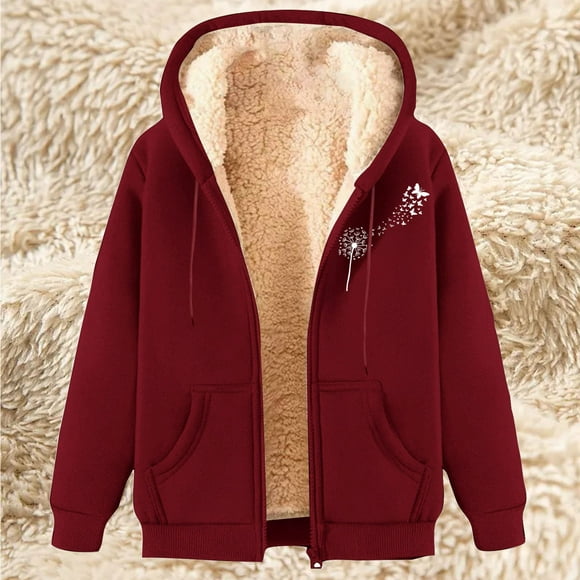 Meichang Fleece Hoodie Women Full Zip Up Sherpa Lined Jacket Winter Warm Long Sleeve Pockets Hooded Sweatshirt Outerwear Wine XXXL