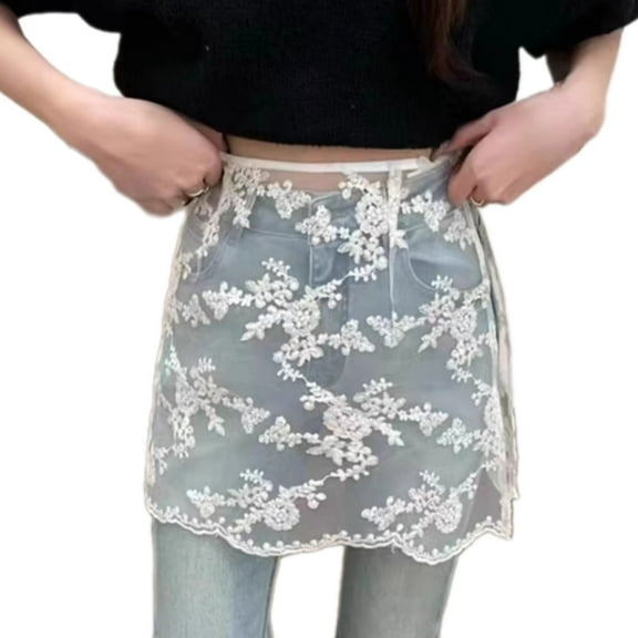 ZYHARUKO Women Korean See Through Layering Half Skirt Hip Scarf Vintage Flower Lace Hip Covering Side Button Up Short Apron Skirt