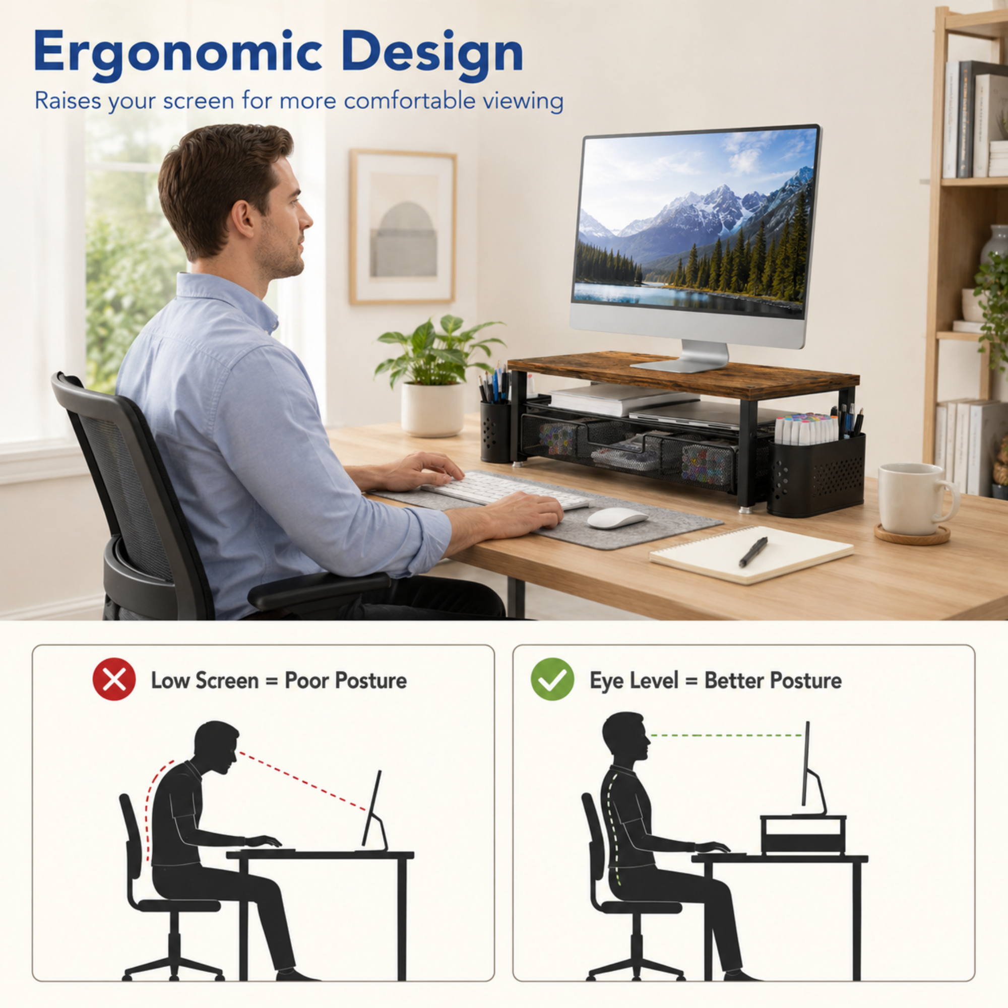 Mehoom 3-Tier Monitor Stand with Drawer & Pen Holders, Brown photo 2