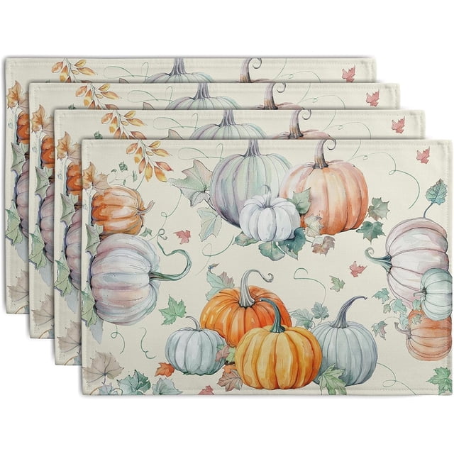 Ensemble de 4 Napperons Citrouilles et Feuilles d'Automne, 12x18 Pouces Aquarelle Automne Action de Grâce Résistant à la Chaleur Lavable Napperon en Lin Saisonnier Style Ferme pour Table, Fête Cuisine Salle à Manger Décoration