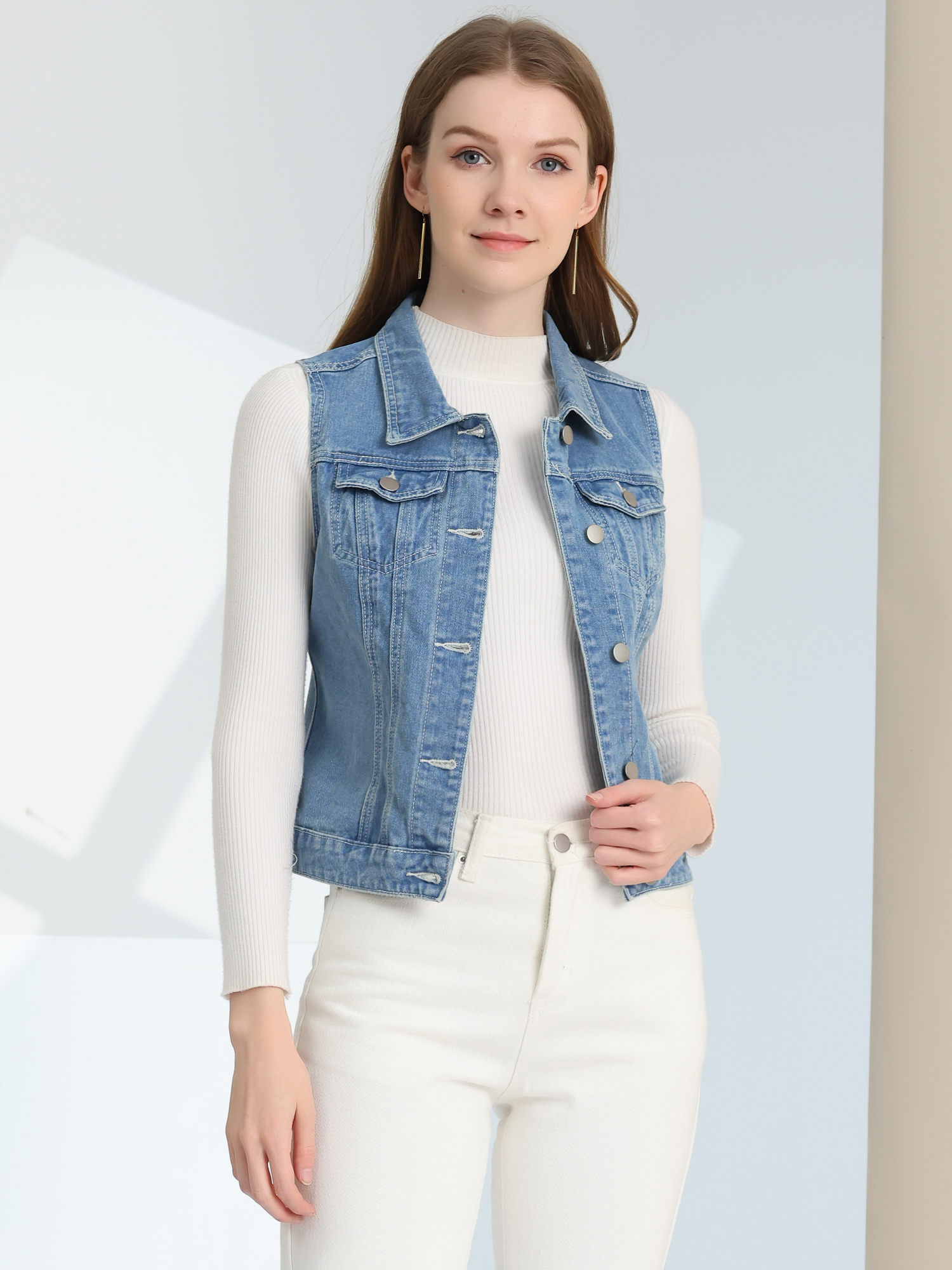 DARING DIVA Women's Denim Sleeveless Flap Pockets Vest Jacket XS Light Blue-B