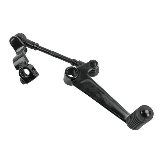 pedal cambios bajaj pulsar ns 200 (12-23) multicolor, palanca de cambio para moto en vista 3/4 con brazo metálico oscuro, punta de goma estriada, articulación con perno y abrazadera de montaje visibles sobre fondo blanco; suele usarse también como repuesto para restauraciones o mantenimiento de motos.