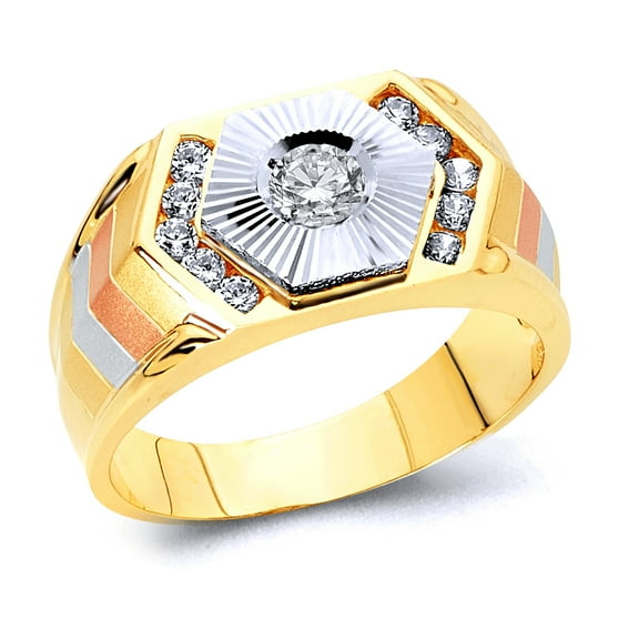 Wellingsale Mens Solid 14k Two 2 Tone White and Yellow Gold Polished CZ Cubic Zirconia Right Hand Ring Band - Size 8