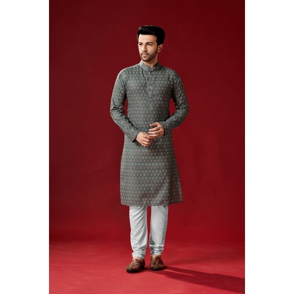Men's Charcoal Grey Color Indian Traditional Wear Tunic Cotton Kurta Pajama Set