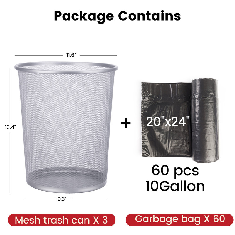 Gamexcel 5-Gallon Metal Mesh Trash Can 3 Pack, Round Open Top Silver Waste Basket for Office, Bedroom and Bathroom