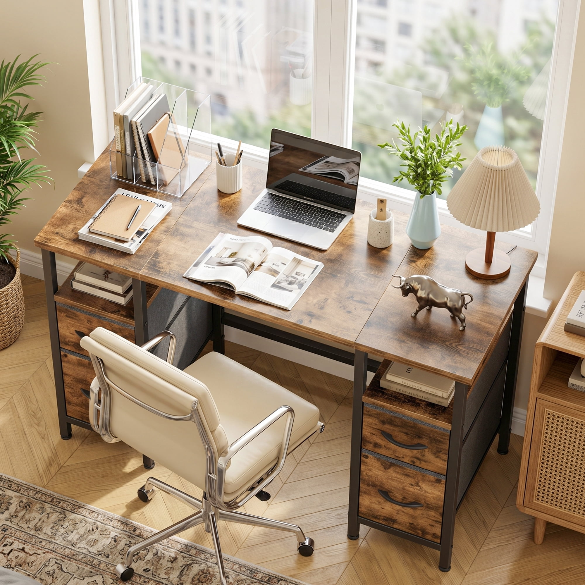 HIGDBFE 47 Inch Computer Desk with 4 Fabric File Drawers, Office Desk with Storage, Gaming Writing Table for Home Office Bedroom, Rustic Brown