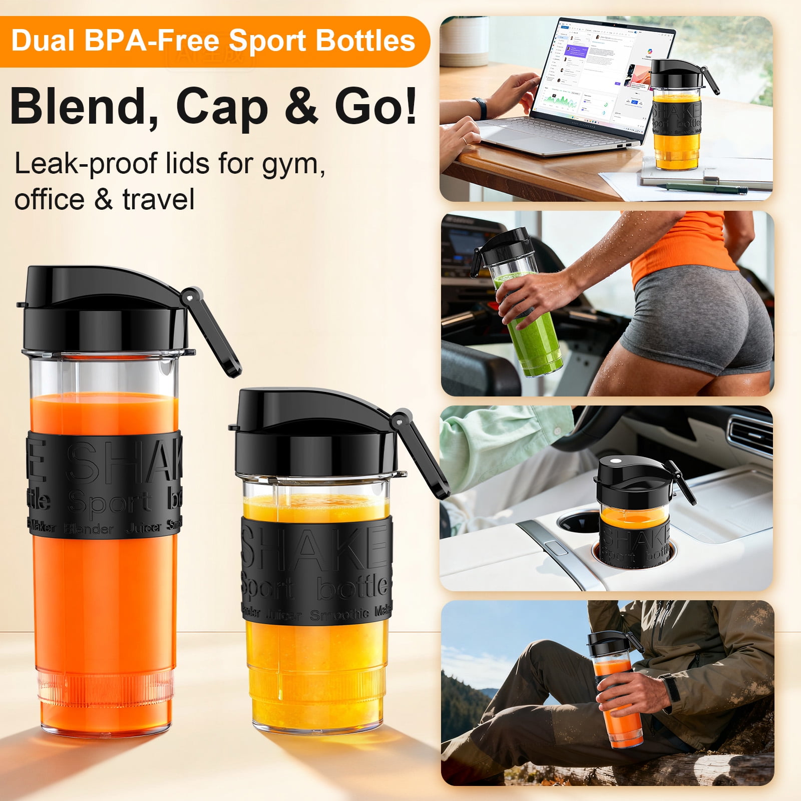 HoninJoy Portable Blender, Compact Personal Blender for-Smoothies, Shakes, Food Prep, and Frozen Blending, 20-oz. Cups and Spout Lids, Grinding Cup