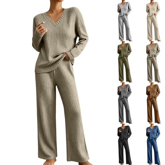 Women's 2 Piece Loungewear Outfits Ribbed Knit V Neck Long Sleeve Top and Wide Leg Pants Sets Soft Warm Fall Winter Casual Tracksuit Khaki