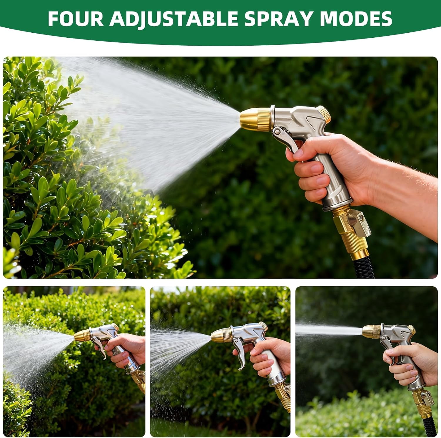 FANHAO Garden Hose Nozzle Hand Sprayer, Heavy Duty High Pressure 100% Metal with 4 Adjustable Spray Patterns for Watering Lawn, Garden, Car Washing,Pets & Windows
