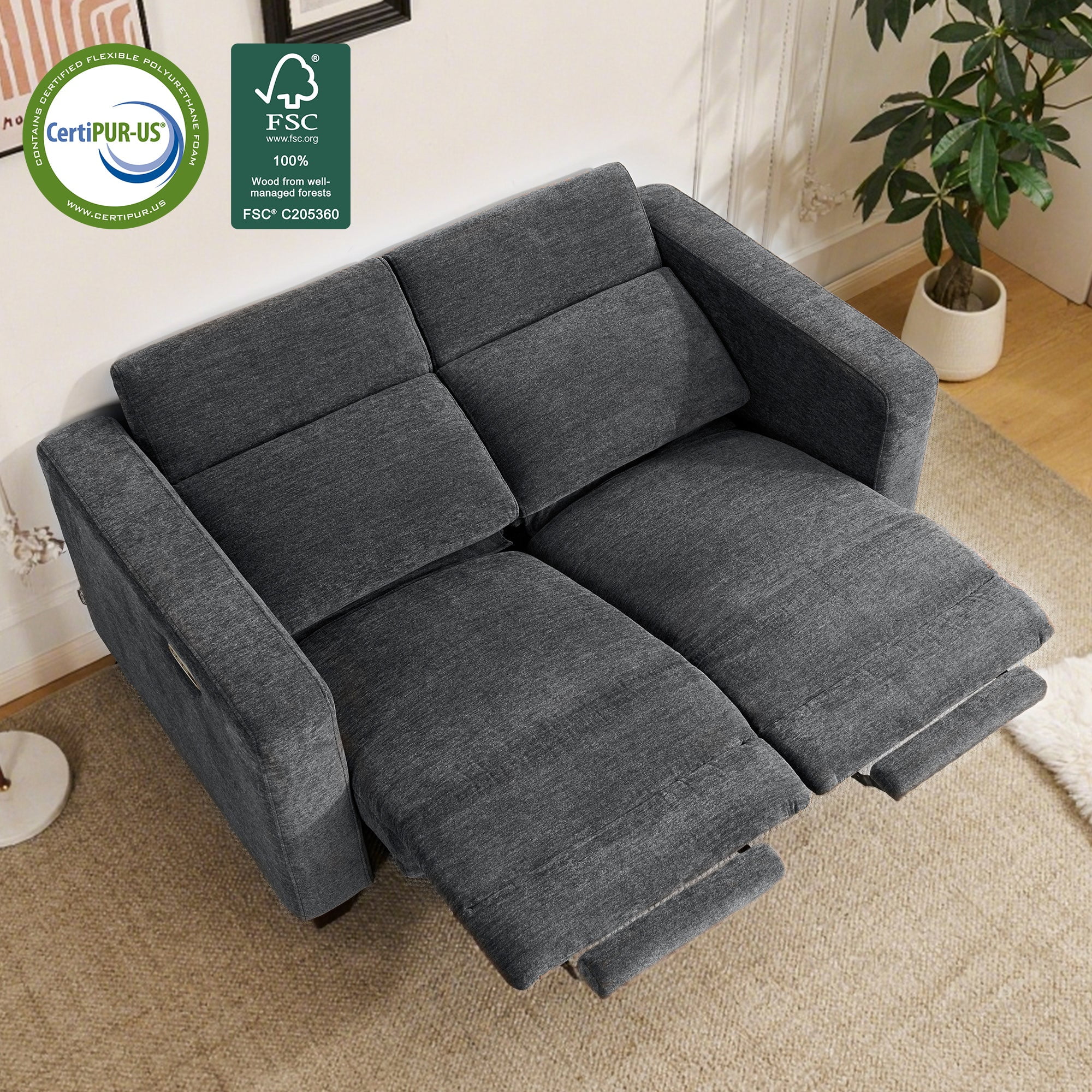 MCombo 62.2'' Wall Hugger Power Loveseat Recliner Sofa for Living Room, Office, Fabric, Dark Grey