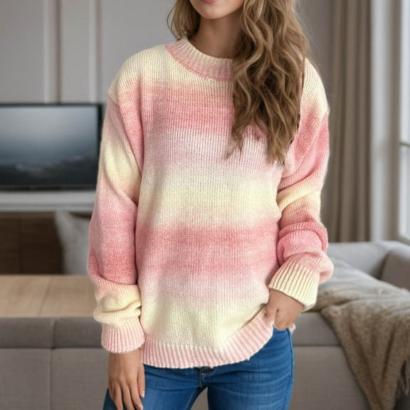 BVOFAR Womens Oversized Sweaters Cozy Striped Long Sleeve Pullover Gradient Chunky Knitted Sweaters Fall Winter Tops
