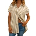 thumbnail image 2 of Striped Button Up Shirts for Women Dressy Casual Short Sleeve Pocket Loose Office Collared Blouses, Yellow S, 2 of 6