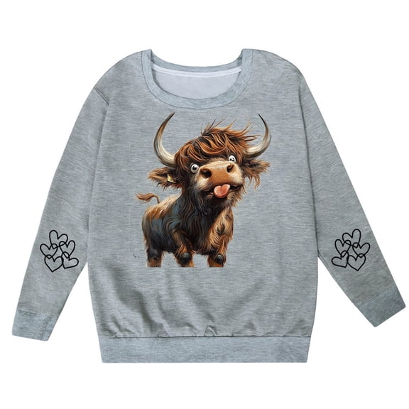 VNKIDY Boys Girls Sweatshirt Kids Cartoon Cow Pattern Print Crewneck Sweatshirt With Heart Details Long Sleeve Soft Loose Fit Pullover For Playful Casual Daily Home Wear Activities Trendy Top
