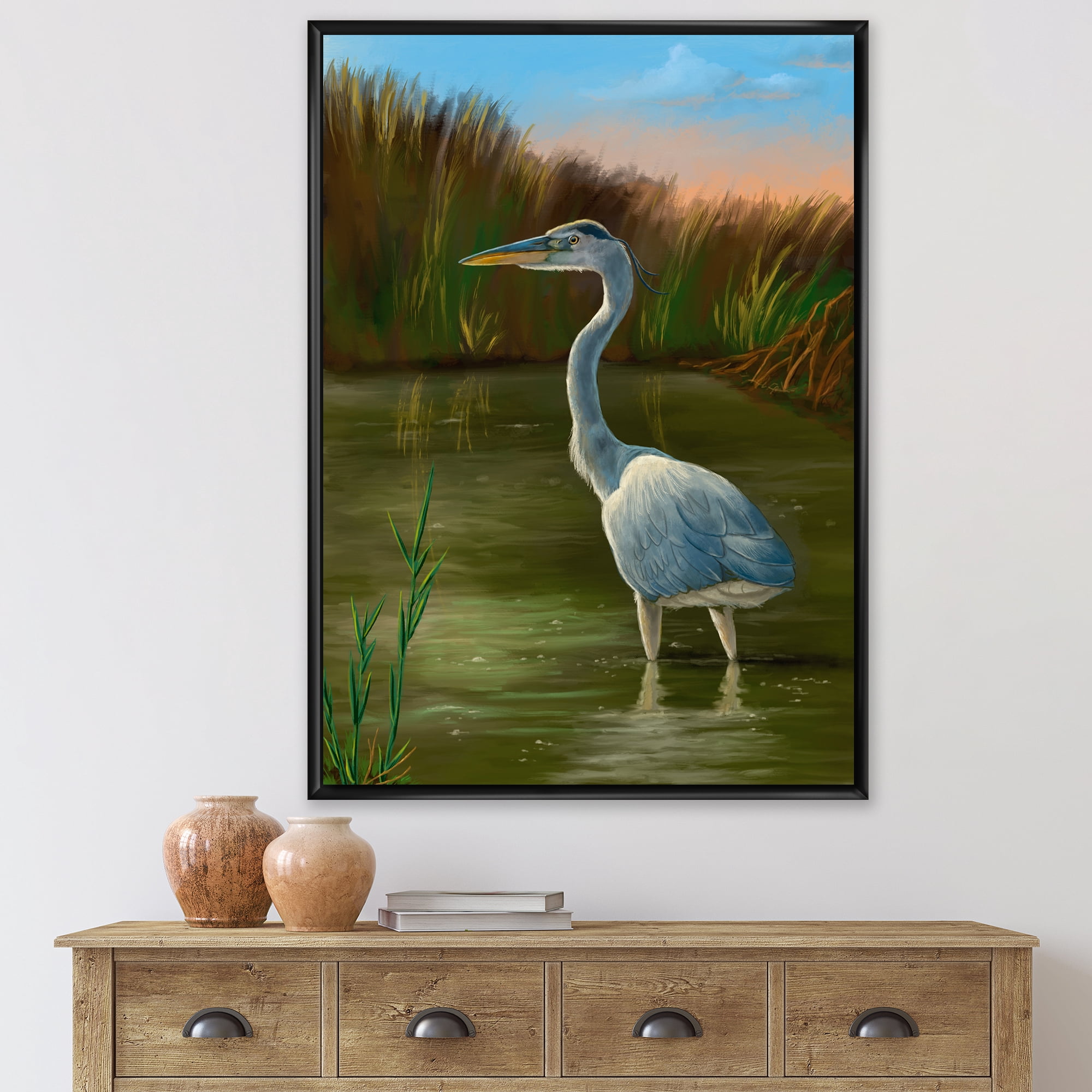 Blue Heron Wetland Bird on The Lake Shore 30 in x 40 in Framed Painting Canvas Art Print, by Designart