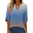 thumbnail image 5 of Womens 3/4 Length Sleeve Tunic Tops Casual Gradient V Neck Shirts Business Work Blouses Trendy Flowy Tees Blue L, 5 of 6