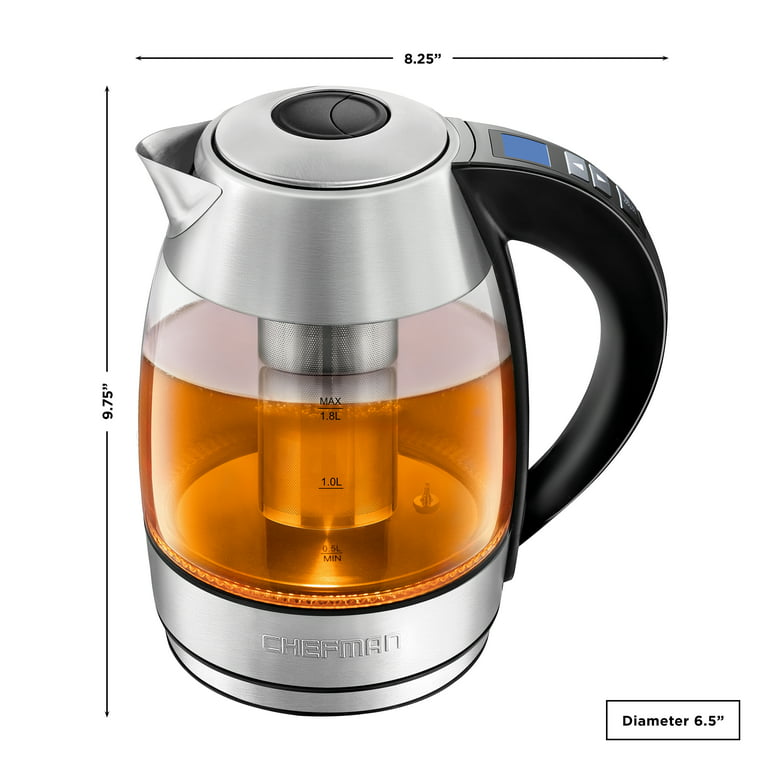 Chefman Electric Glass Kettle W/ Tea Infuser, Stainless Steel, 1.8